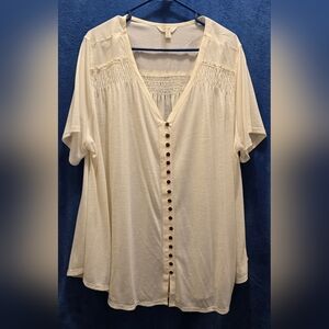 Terra & Sky Smocked Blouse with V-Neck and Short Sleeves 2X